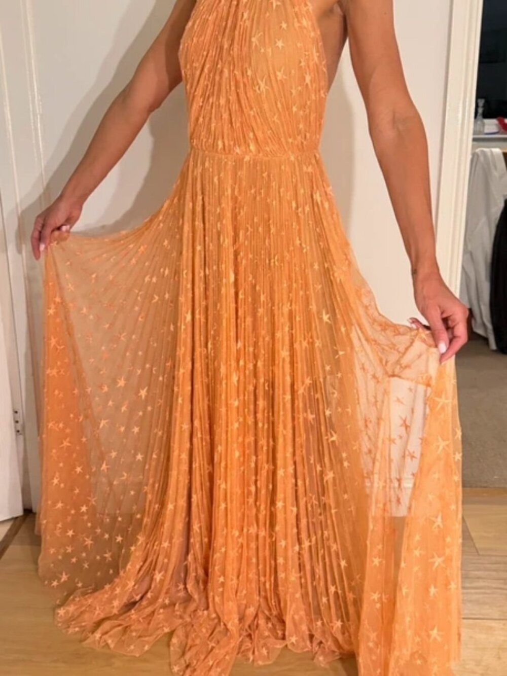 Maria Lucia Hohan Peach Star Tulle Halter Maxi Gown M